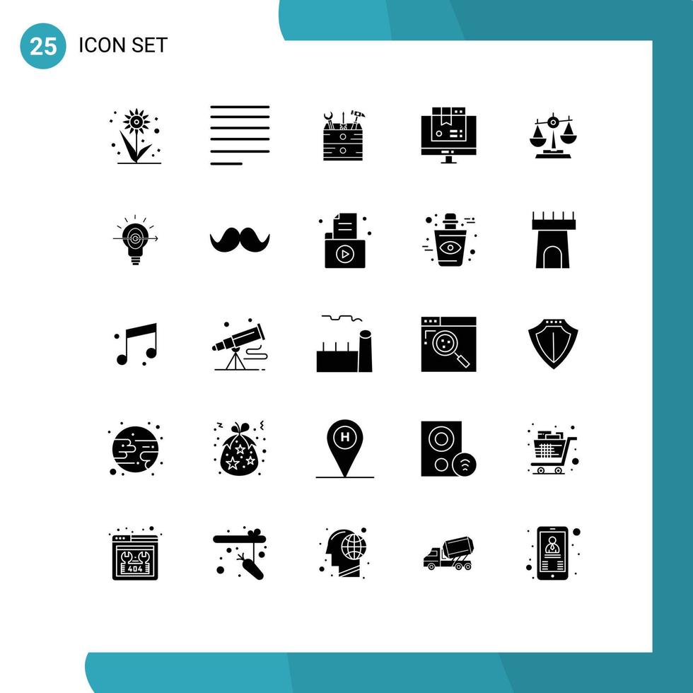 Group of 25 Modern Solid Glyphs Set for court valentine box shopping computer Editable Vector Design Elements