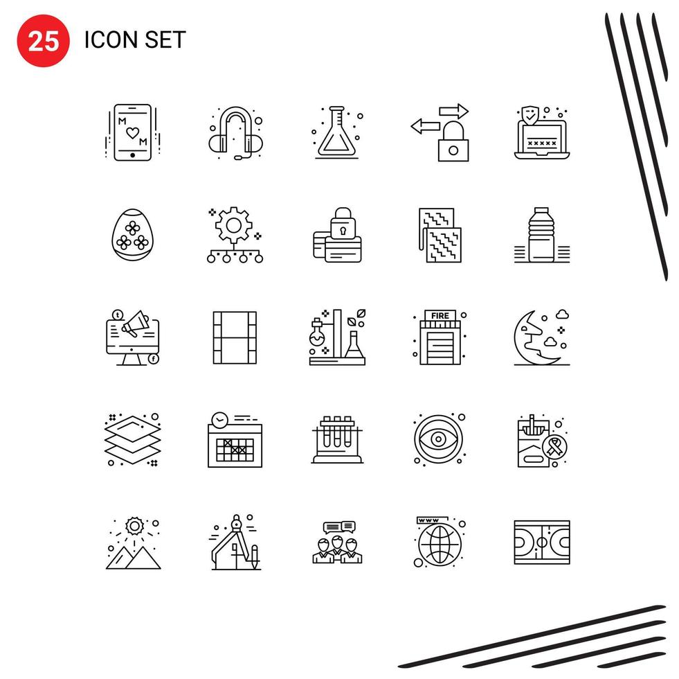 Pack of 25 Modern Lines Signs and Symbols for Web Print Media such as easter egg security lab password lock Editable Vector Design Elements