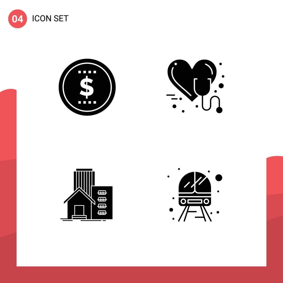 Mobile Interface Solid Glyph Set of 4 Pictograms of finance estate care stethoscope appartment Editable Vector Design Elements