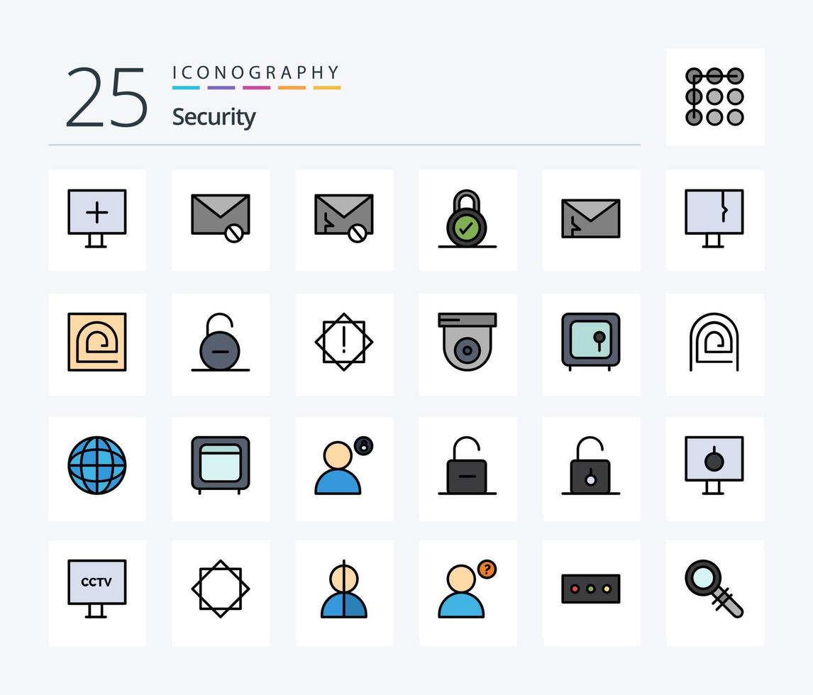 paquete de iconos rellenos de 25 líneas de seguridad que incluye alerta. seguridad. correo no deseado. correo. alerta vector