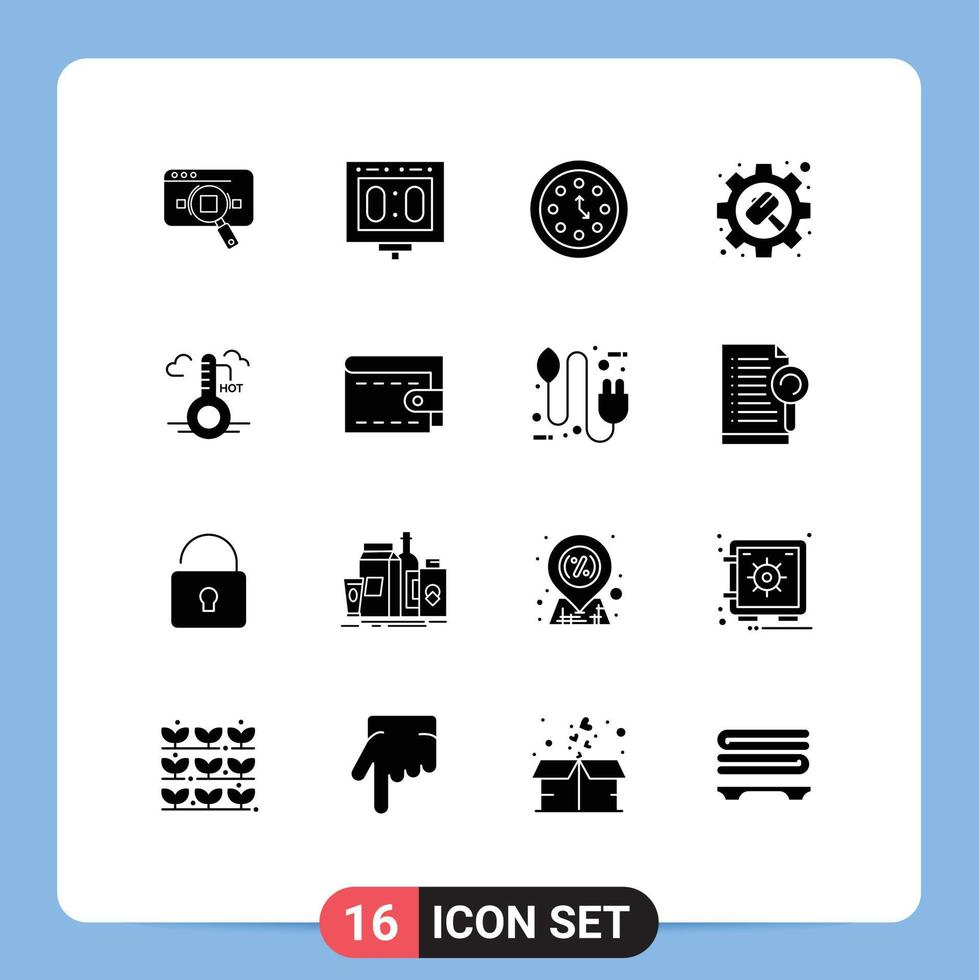 Editable Vector Line Pack of 16 Simple Solid Glyphs of gear time scoreboard date clock Editable Vector Design Elements