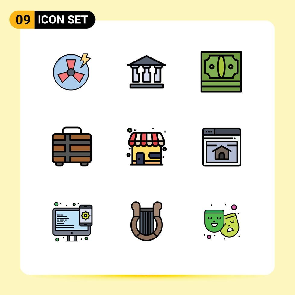 User Interface Pack of 9 Basic Filledline Flat Colors of market store travel cash transportation beach Editable Vector Design Elements