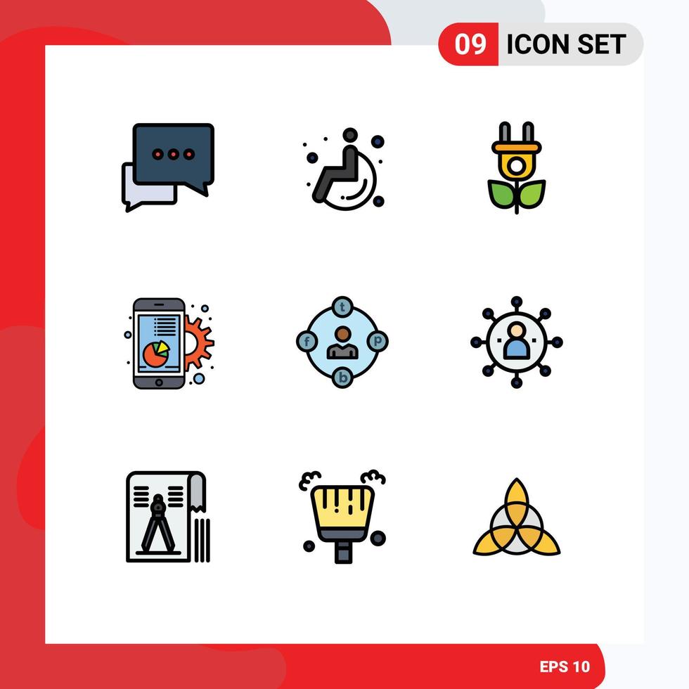 Set of 9 Modern UI Icons Symbols Signs for distractions social media electricity mobile graph Editable Vector Design Elements