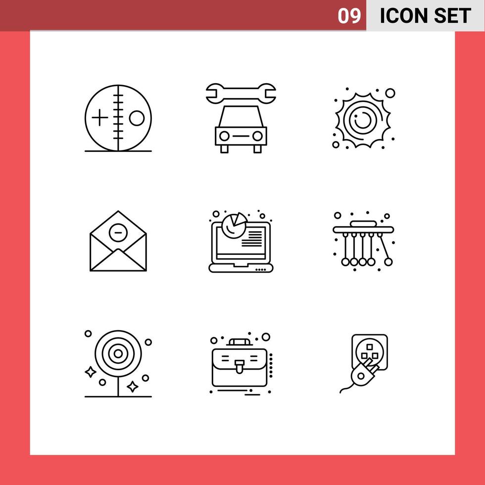 9 User Interface Outline Pack of modern Signs and Symbols of analysis mail sun delete communication Editable Vector Design Elements