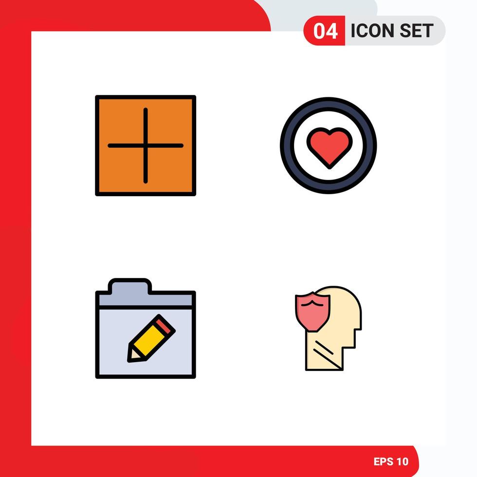 Group of 4 Modern Filledline Flat Colors Set for add folder plus love shield Editable Vector Design Elements