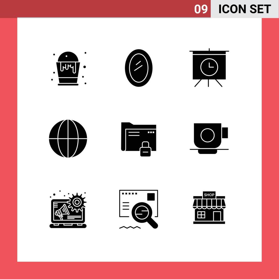 9 User Interface Solid Glyph Pack of modern Signs and Symbols of password data mirror nature earth Editable Vector Design Elements