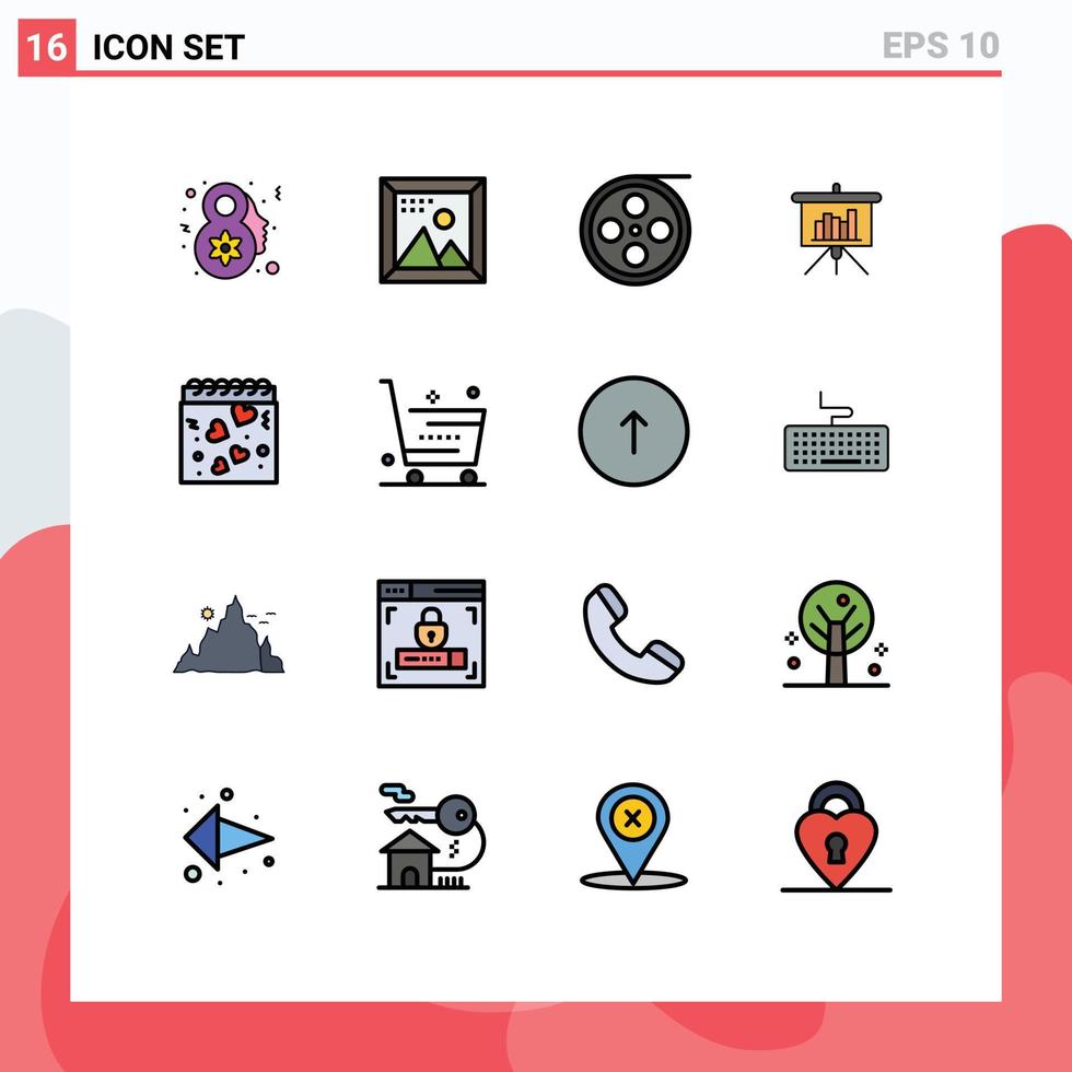Modern Set of 16 Flat Color Filled Lines and symbols such as heart report camera powerpoint presentation Editable Creative Vector Design Elements