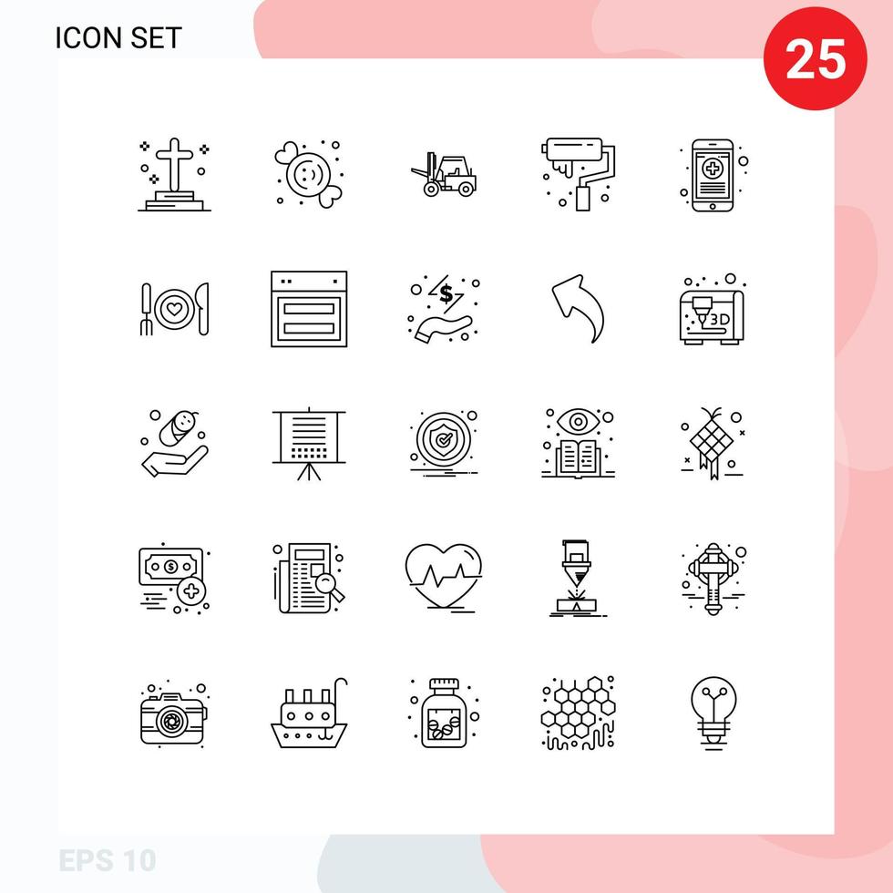 25 Thematic Vector Lines and Editable Symbols of medical paint sweets arts transport Editable Vector Design Elements