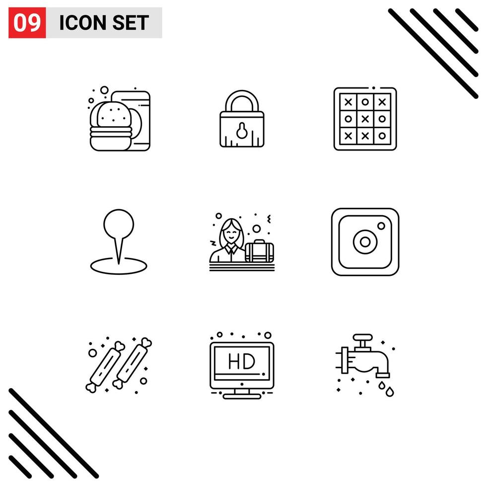 Group of 9 Outlines Signs and Symbols for business marker tac map game Editable Vector Design Elements