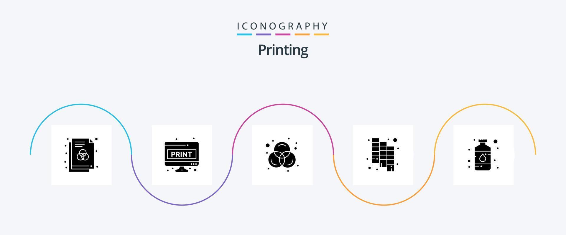 paquete de iconos de glifo 5 de impresión que incluye color. Arte. página de pantalla. pantone catalogar vector