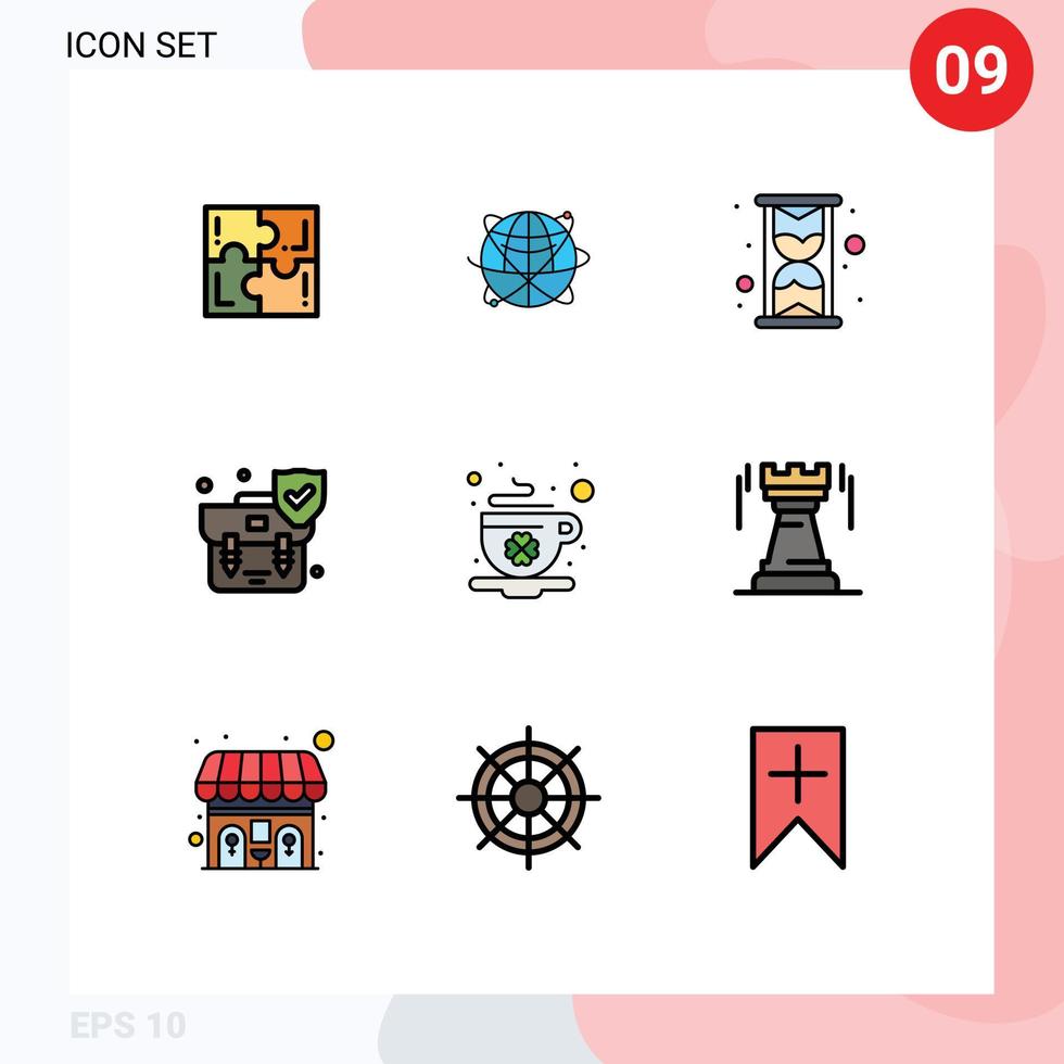 Modern Set of 9 Filledline Flat Colors Pictograph of security handbag global watch glass Editable Vector Design Elements