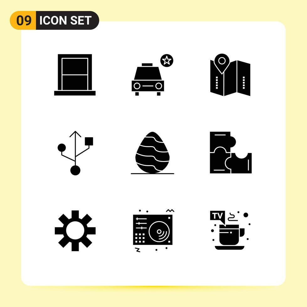 Pack of 9 Modern Solid Glyphs Signs and Symbols for Web Print Media such as nature easter vehicles usb location Editable Vector Design Elements