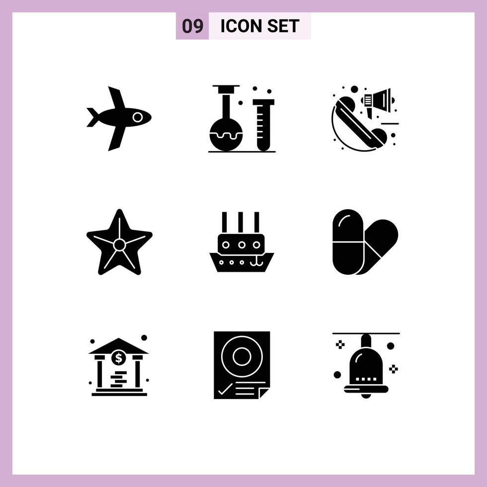 Group of 9 Solid Glyphs Signs and Symbols for steamship ship call starfish sea Editable Vector Design Elements
