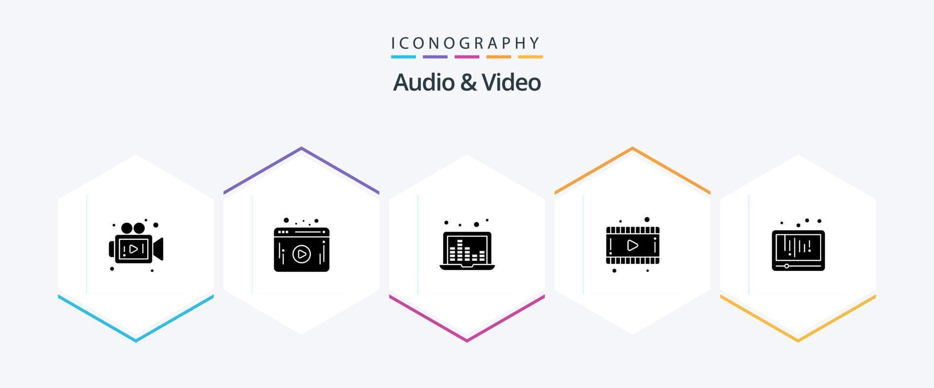 Audio And Video 25 Glyph icon pack including social media. play. sound frequency. media. video vector