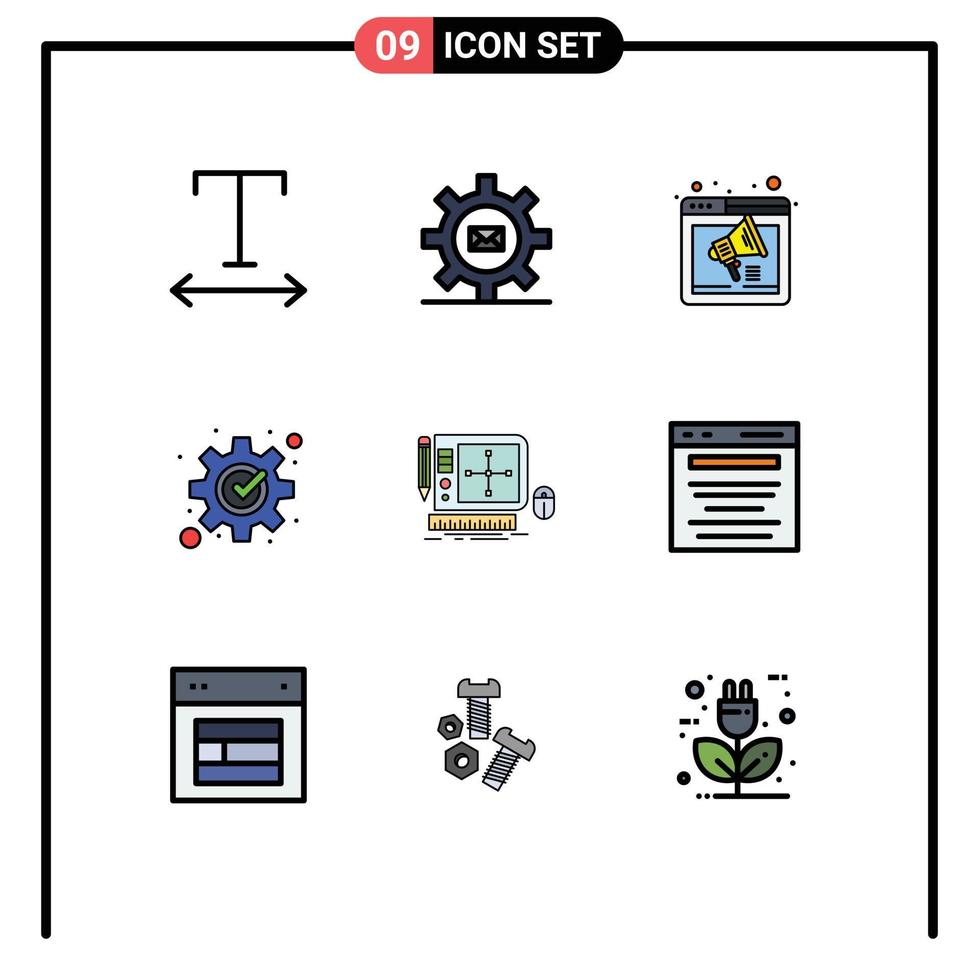 9 Thematic Vector Filledline Flat Colors and Editable Symbols of graphic process internet management development Editable Vector Design Elements
