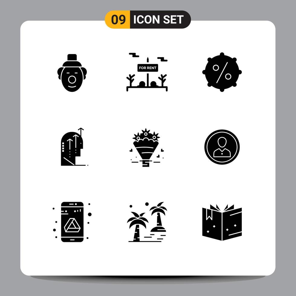 9 Thematic Vector Solid Glyphs and Editable Symbols of heart popcone price mind human Editable Vector Design Elements