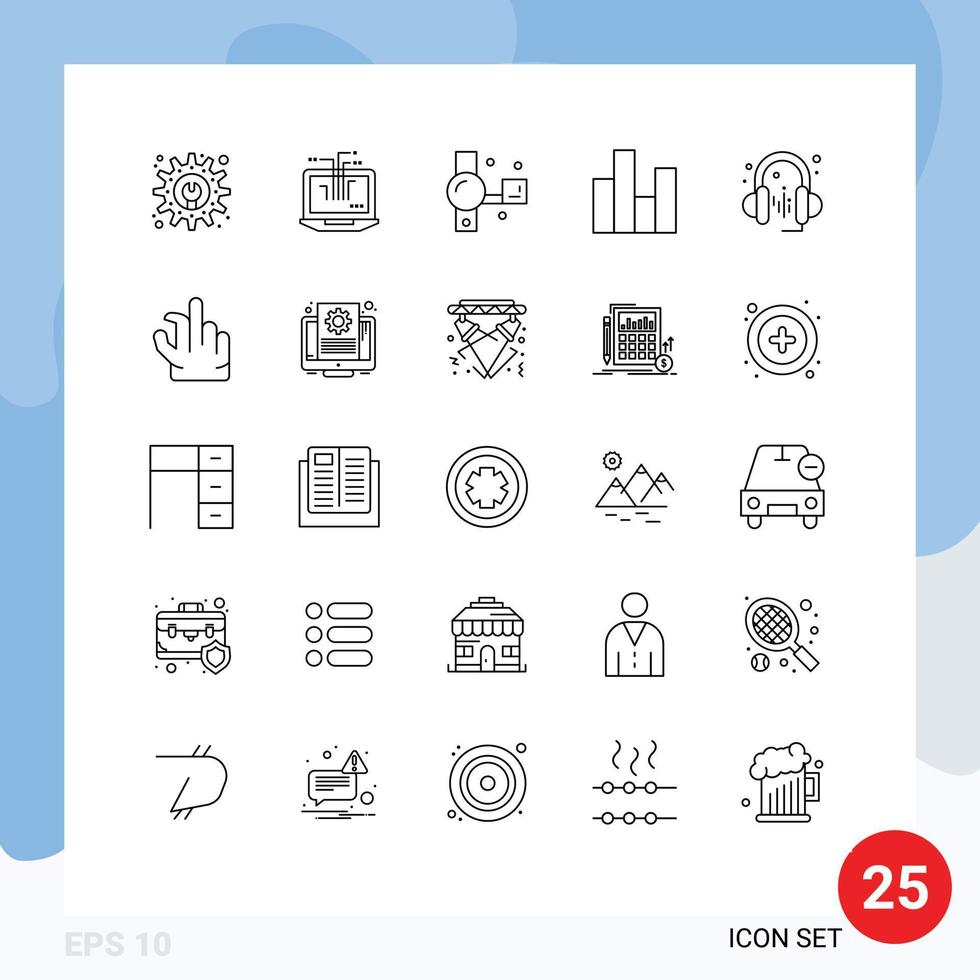 25 Thematic Vector Lines and Editable Symbols of headphone finance camera chart bar Editable Vector Design Elements
