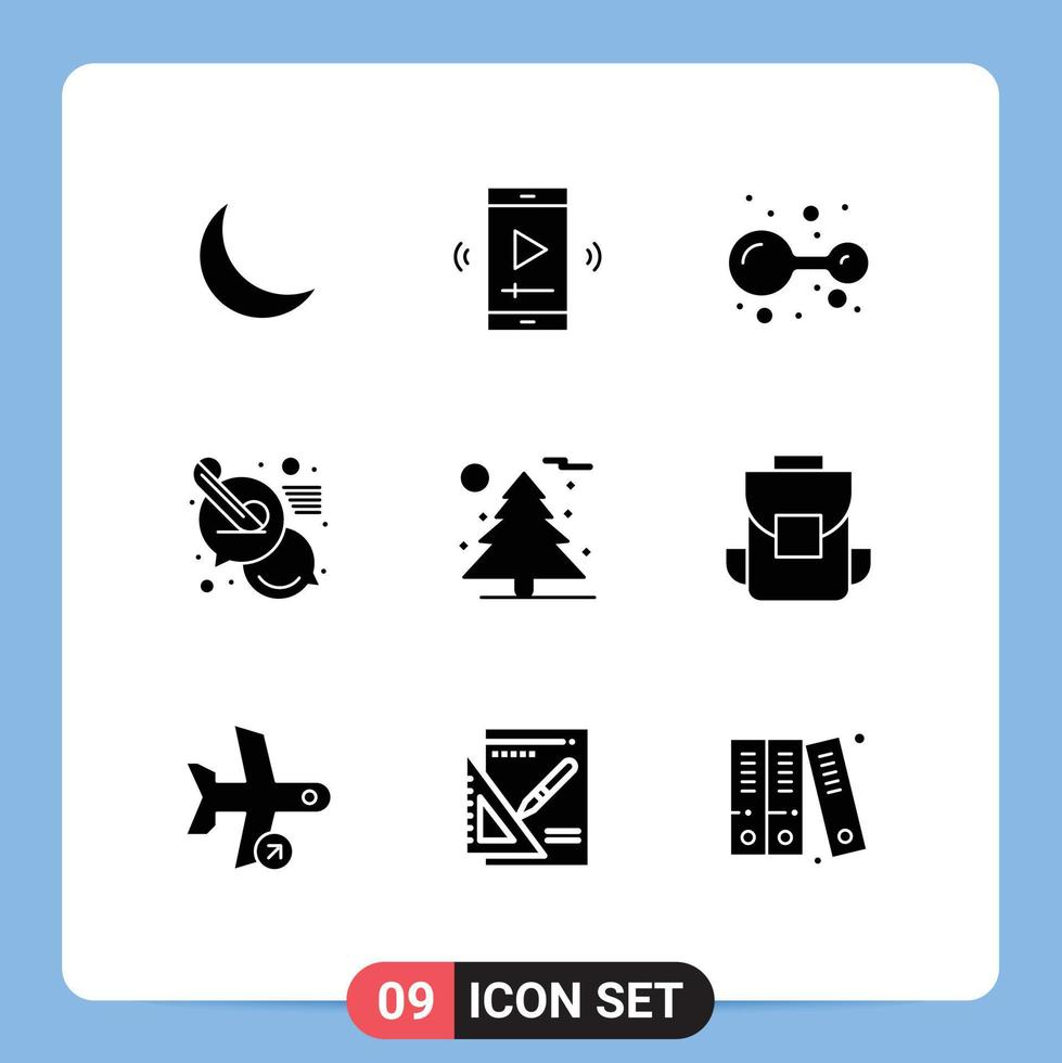 Pack of 9 Modern Solid Glyphs Signs and Symbols for Web Print Media such as nature message video player app chat lab Editable Vector Design Elements