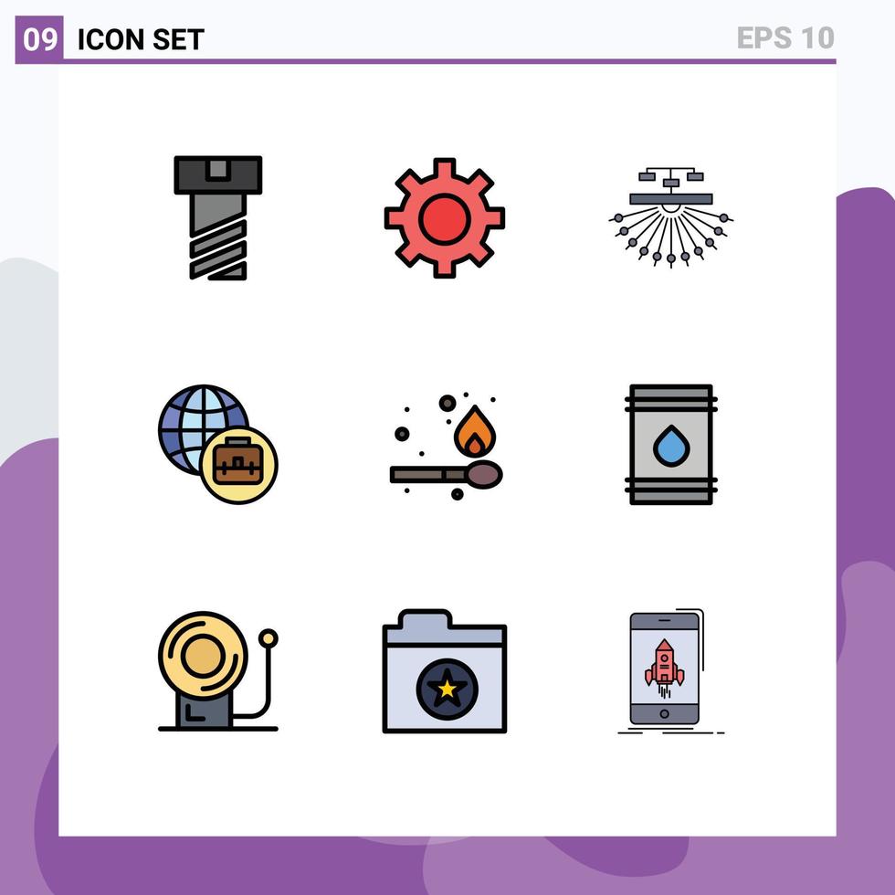 9 Thematic Vector Filledline Flat Colors and Editable Symbols of fuel barrel site match camping Editable Vector Design Elements
