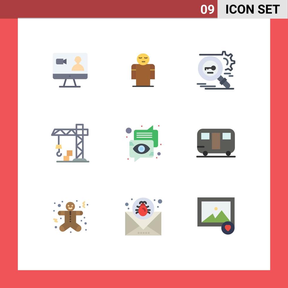 Mobile Interface Flat Color Set of 9 Pictograms of chat crane key construction security Editable Vector Design Elements