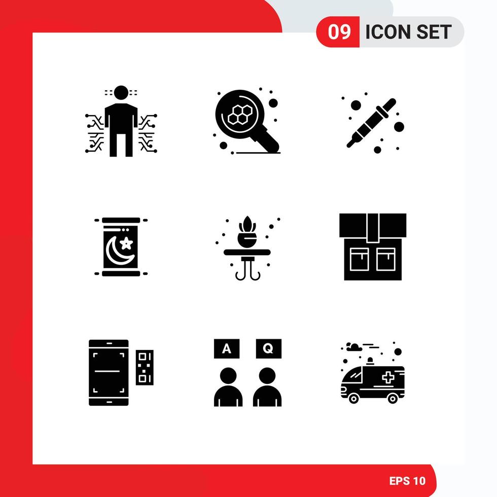 Pictogram Set of 9 Simple Solid Glyphs of living holy search invitation liquidator Editable Vector Design Elements