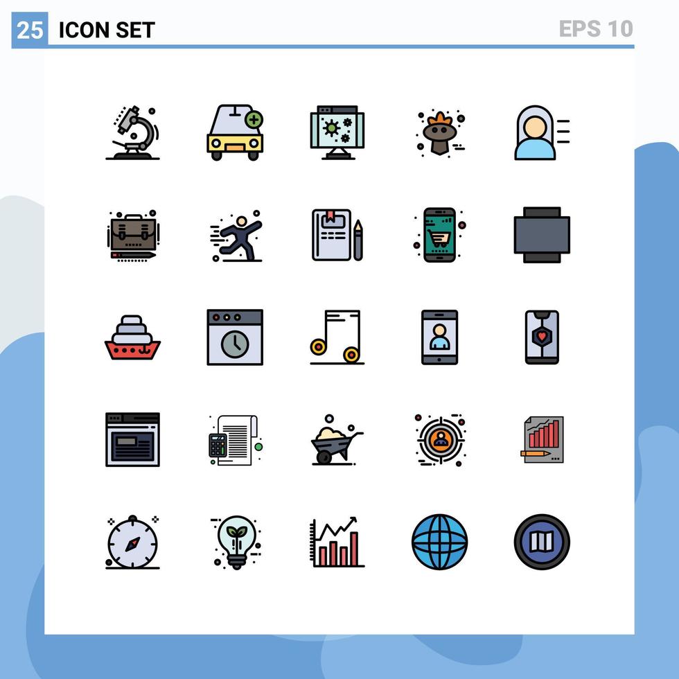 paquete de 25 modernos signos y símbolos de colores planos de línea rellena para medios de impresión web, como vehículos de gorrión educativos, elementos de diseño de vectores editables de virus de aves