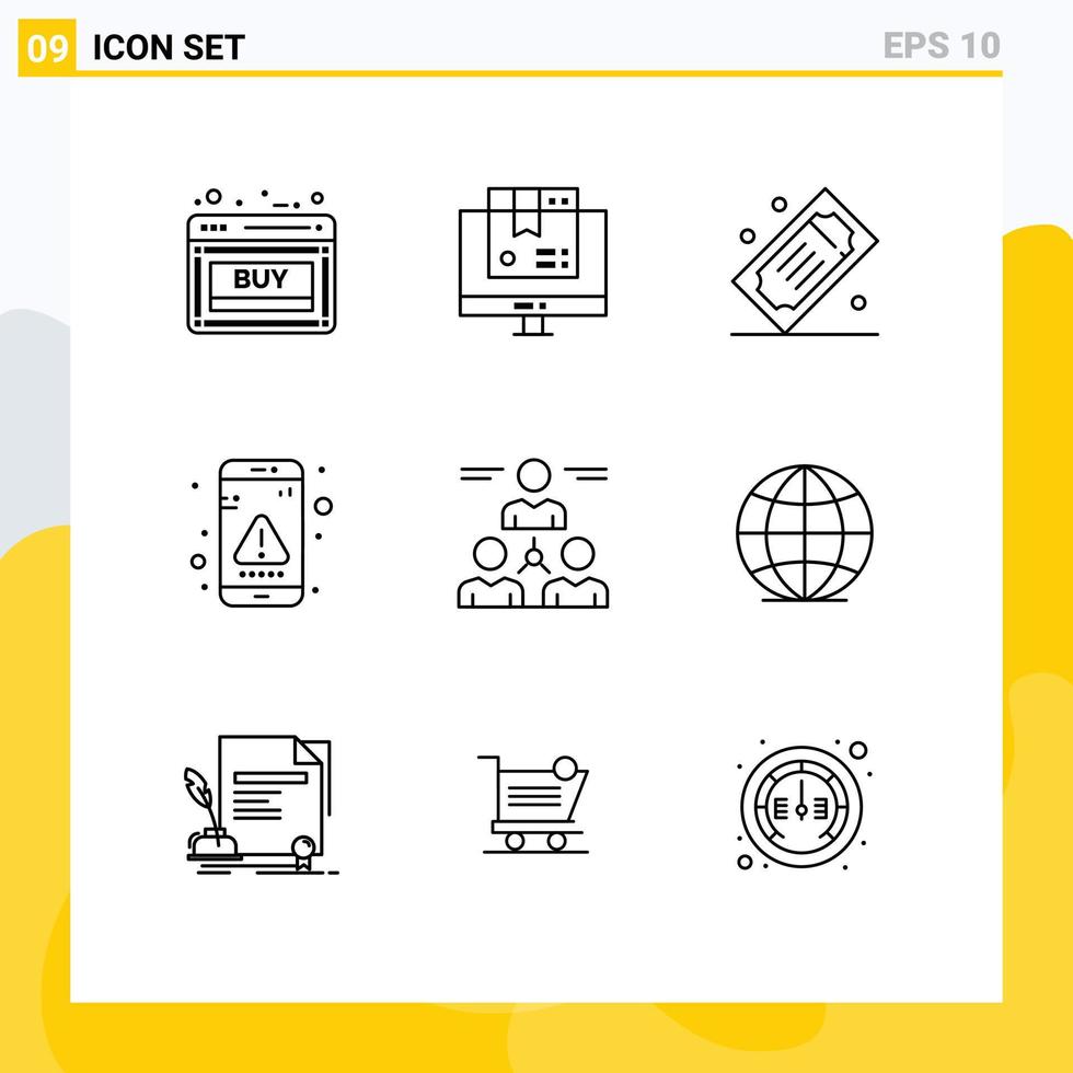 Editable Vector Line Pack of 9 Simple Outlines of interaction app shopping tickets movie tickets Editable Vector Design Elements