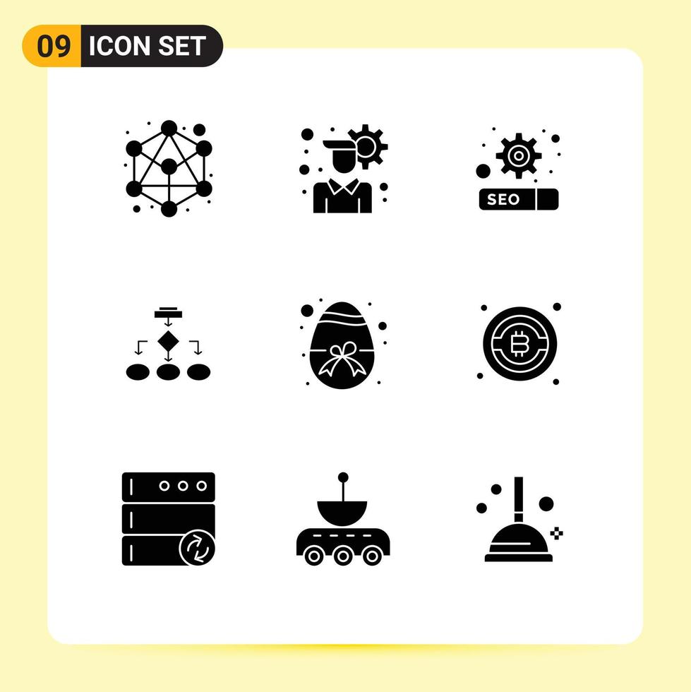 9 User Interface Solid Glyph Pack of modern Signs and Symbols of egg workflow setting structure data architecture Editable Vector Design Elements