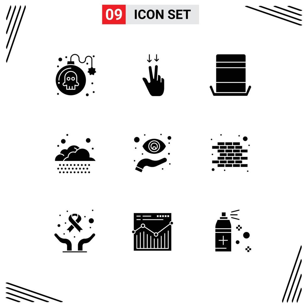 Group of 9 Modern Solid Glyphs Set for view focus hat eye rain Editable Vector Design Elements