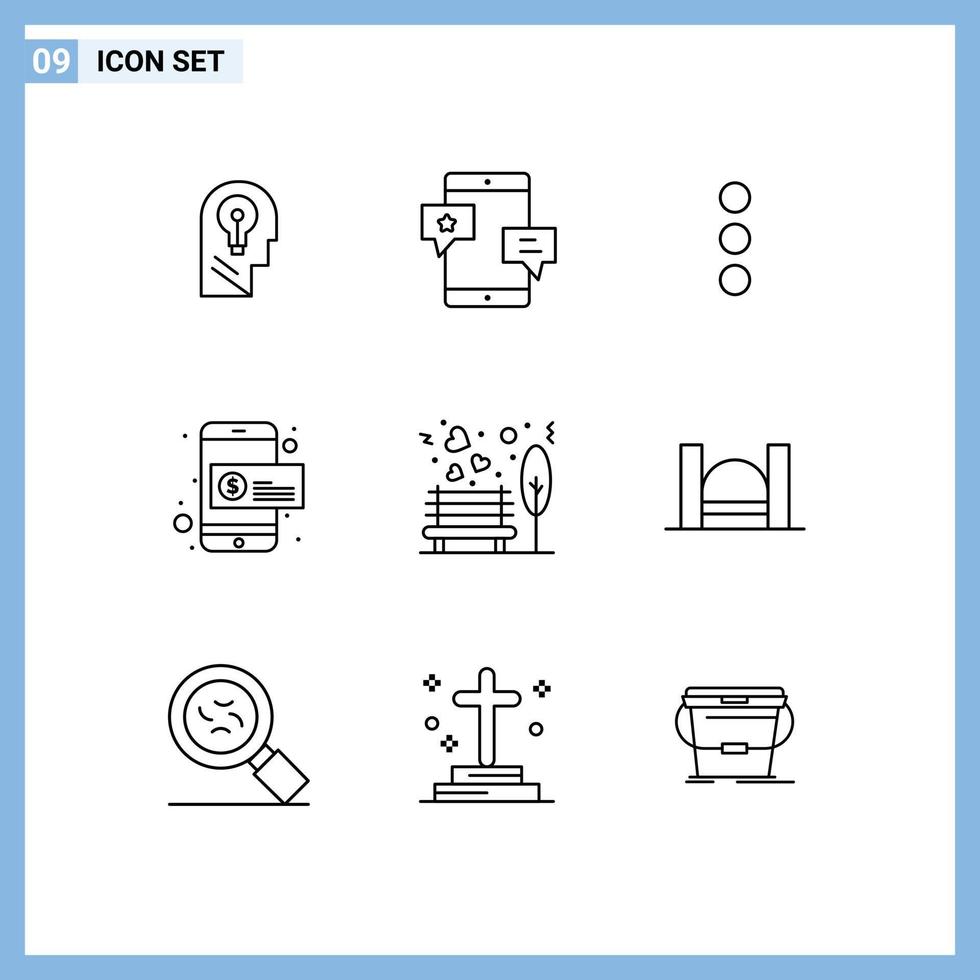 Mobile Interface Outline Set of 9 Pictograms of bench mobile payment network dollar ui Editable Vector Design Elements