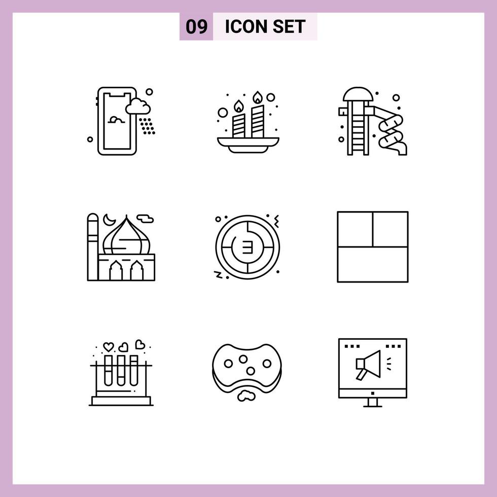 Universal Icon Symbols Group of 9 Modern Outlines of timer pray slider moon masjid Editable Vector Design Elements