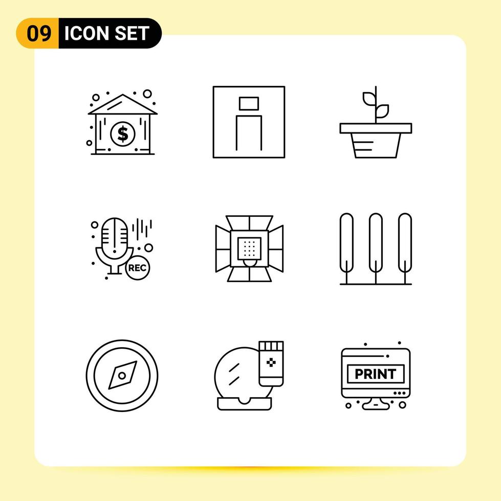 Universal Icon Symbols Group of 9 Modern Outlines of light recording growth professional mic Editable Vector Design Elements