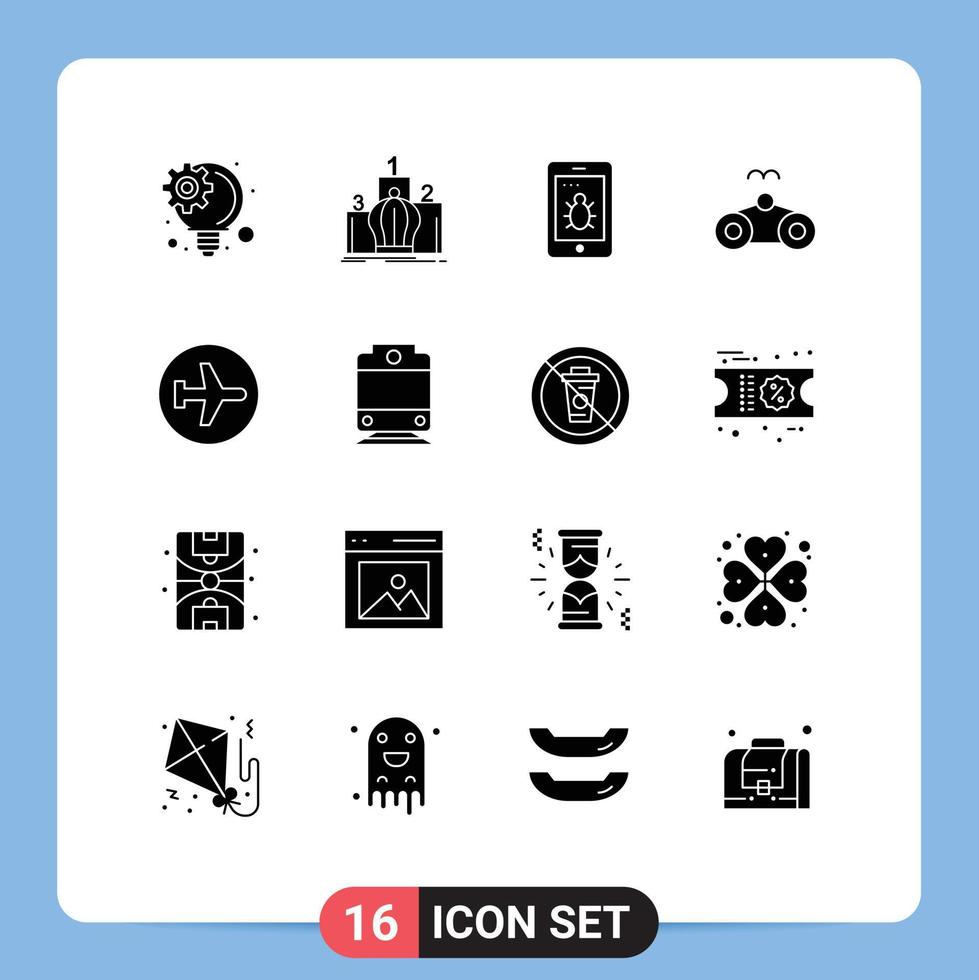 Mobile Interface Solid Glyph Set of 16 Pictograms of airport aero plane mobile vacation glasses Editable Vector Design Elements