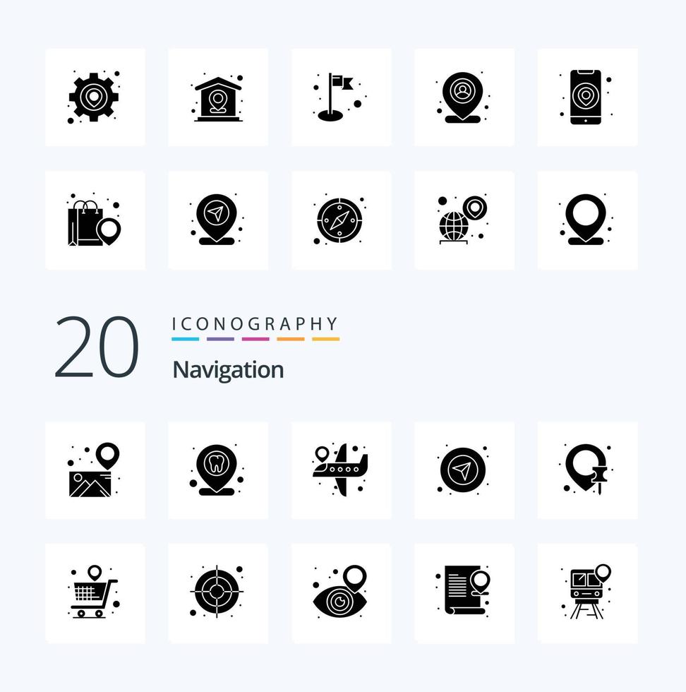 20 Navigation Solid Glyph icon Pack like shopping map airplane location location gps vector