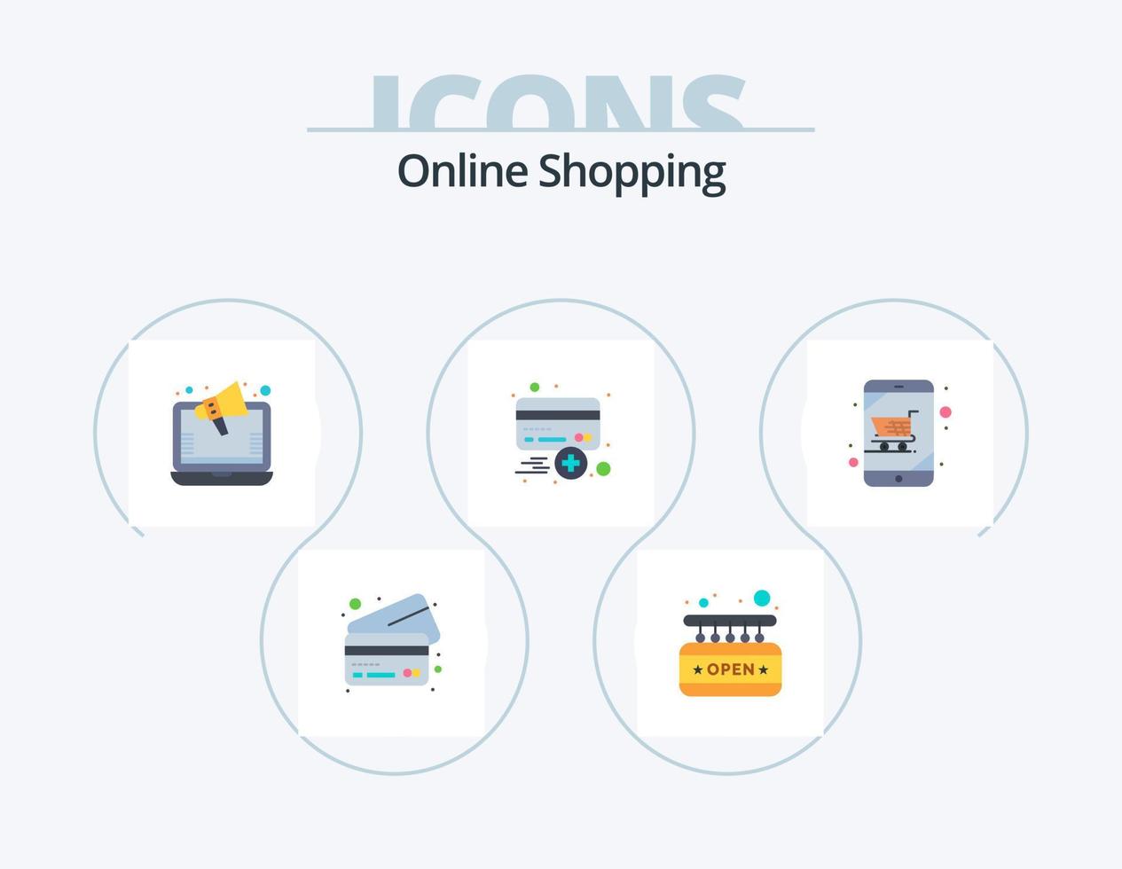 Compras en línea paquete de iconos planos 5 diseño de iconos. dispositivo. crédito. marketing. más. tarjeta vector