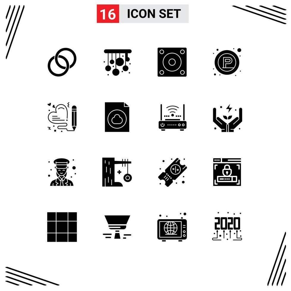 16 Thematic Vector Solid Glyphs and Editable Symbols of pen heart gadgets place signs Editable Vector Design Elements
