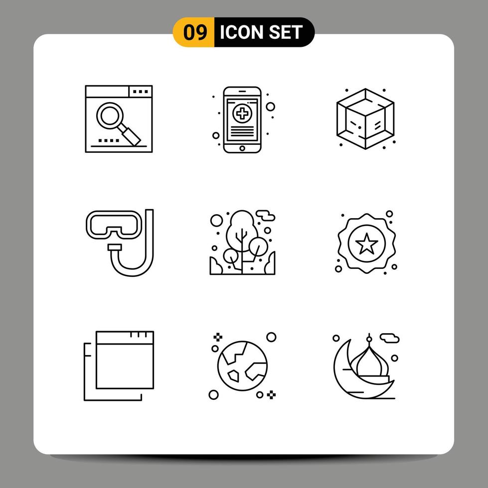 Modern Set of 9 Outlines and symbols such as tree underwater rx snorkeling beach Editable Vector Design Elements