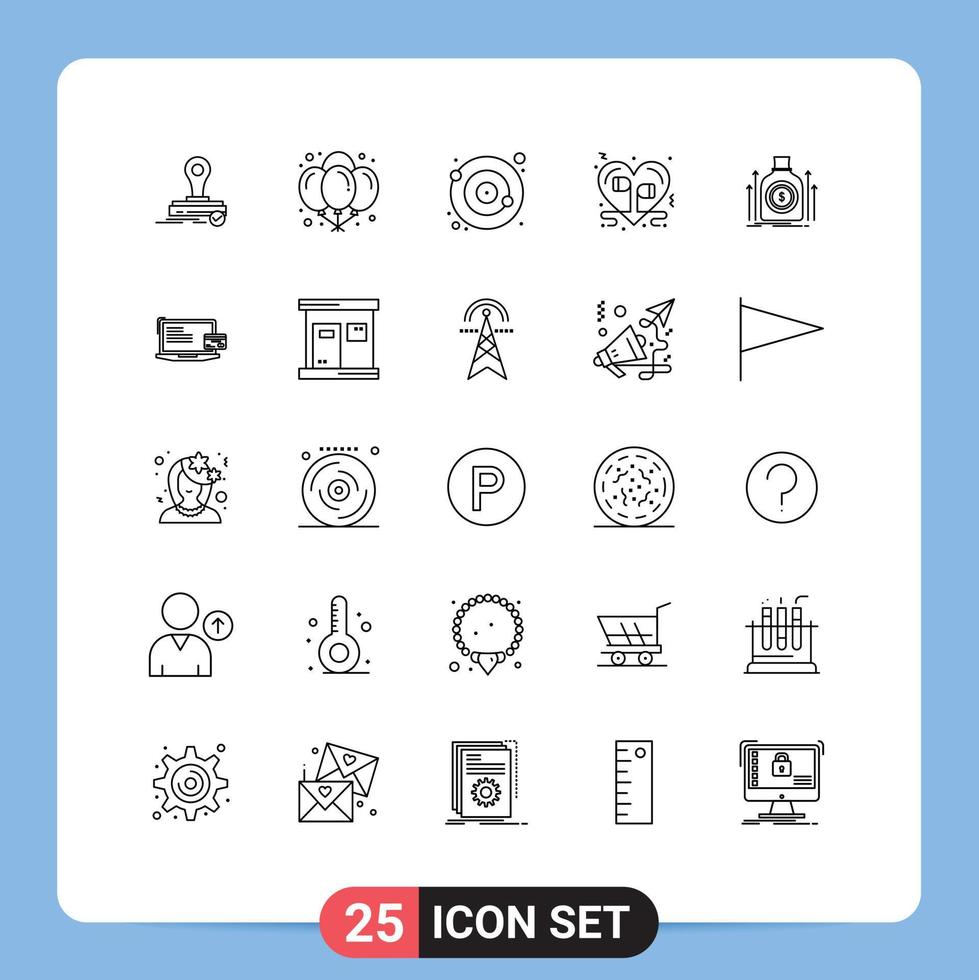 Pack of 25 Modern Lines Signs and Symbols for Web Print Media such as bag music orbit love headphone Editable Vector Design Elements
