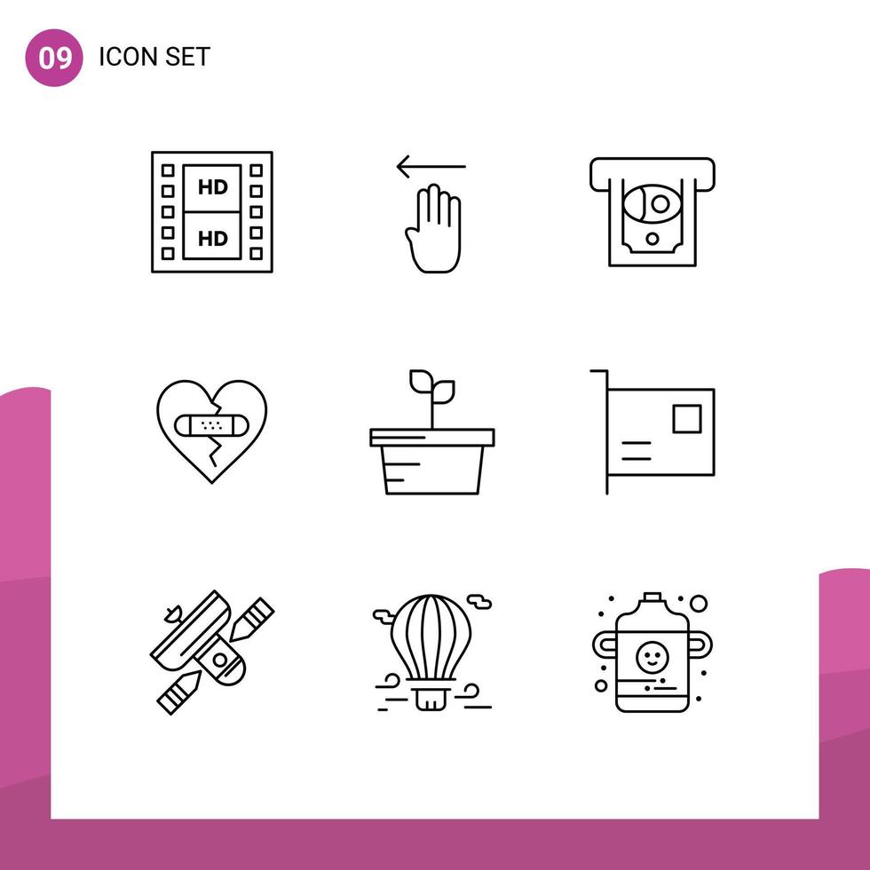 paquete de iconos de vector de stock de 9 signos y símbolos de línea para el amor de la planta atm emociones del corazón elementos de diseño de vector editables