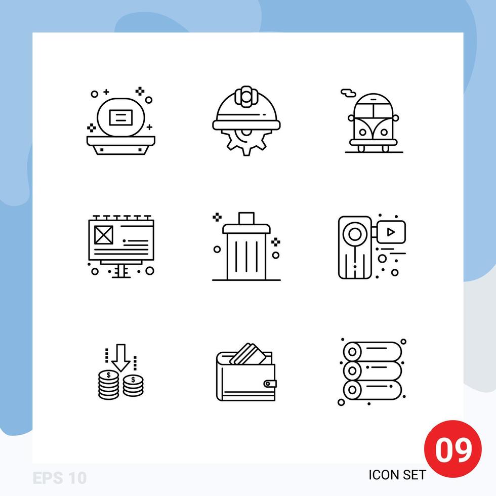 User Interface Pack of 9 Basic Outlines of delete bin labour billboard ad Editable Vector Design Elements