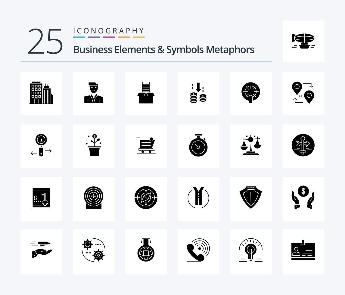 Business Elements And Symbols Metaphors 25 Solid Glyph icon pack including wheel. fund. avatar. transfer. climb vector