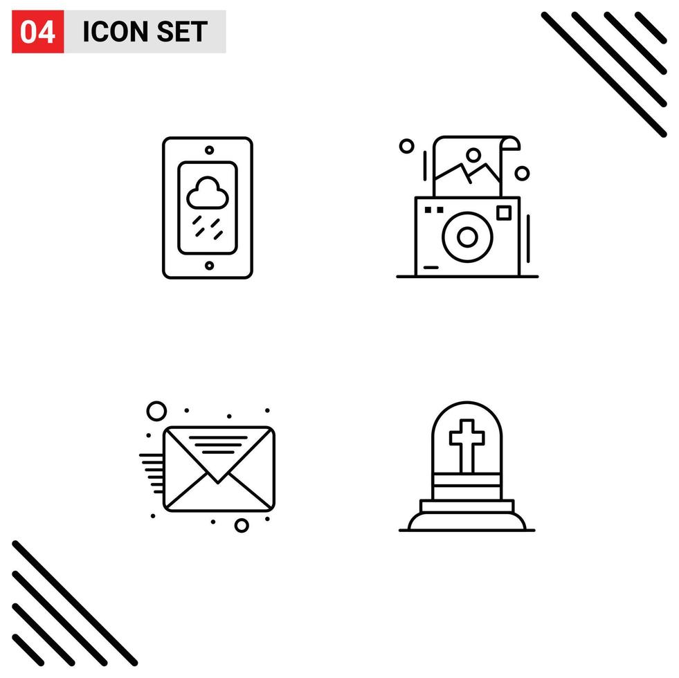 Set of 4 Modern UI Icons Symbols Signs for mobile inbox rainy photography death Editable Vector Design Elements
