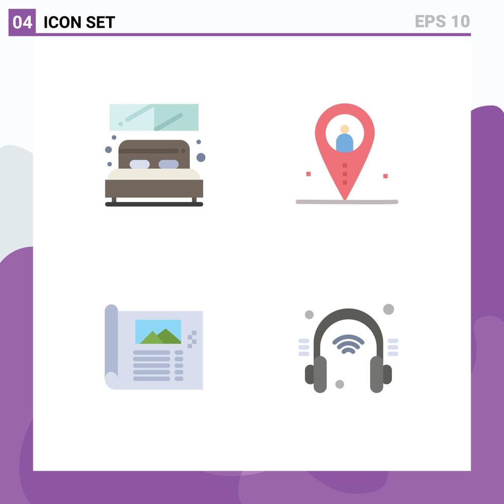 Editable Vector Line Pack of 4 Simple Flat Icons of bed design window location plan Editable Vector Design Elements