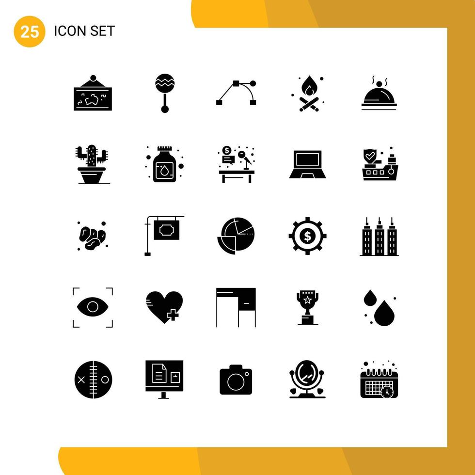 Pictogram Set of 25 Simple Solid Glyphs of dish fire music campfire point Editable Vector Design Elements