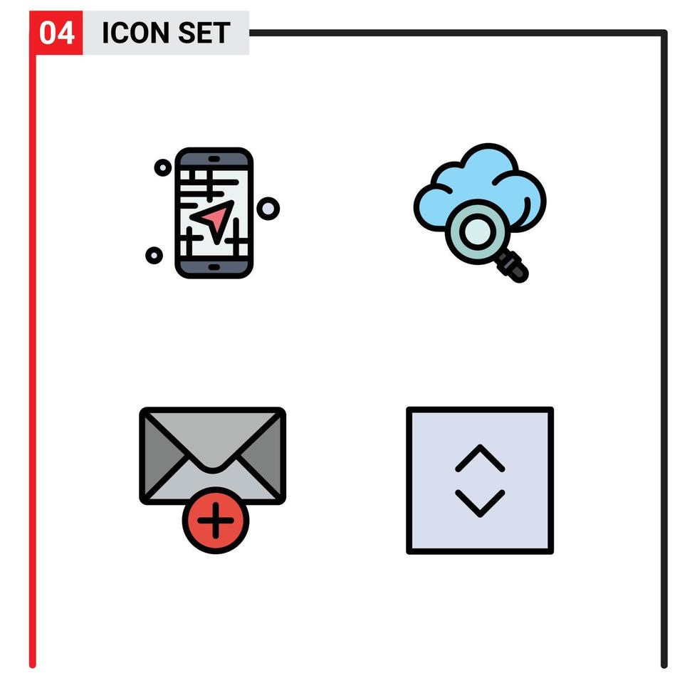 conjunto de pictogramas de 4 colores planos de línea rellena simple de flechas de investigación de dirección de mensaje móvil elementos de diseño vectorial editables vector