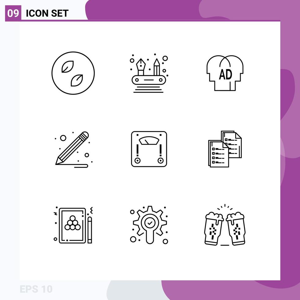Group of 9 Outlines Signs and Symbols for document weighing knowledge scale school supplies Editable Vector Design Elements