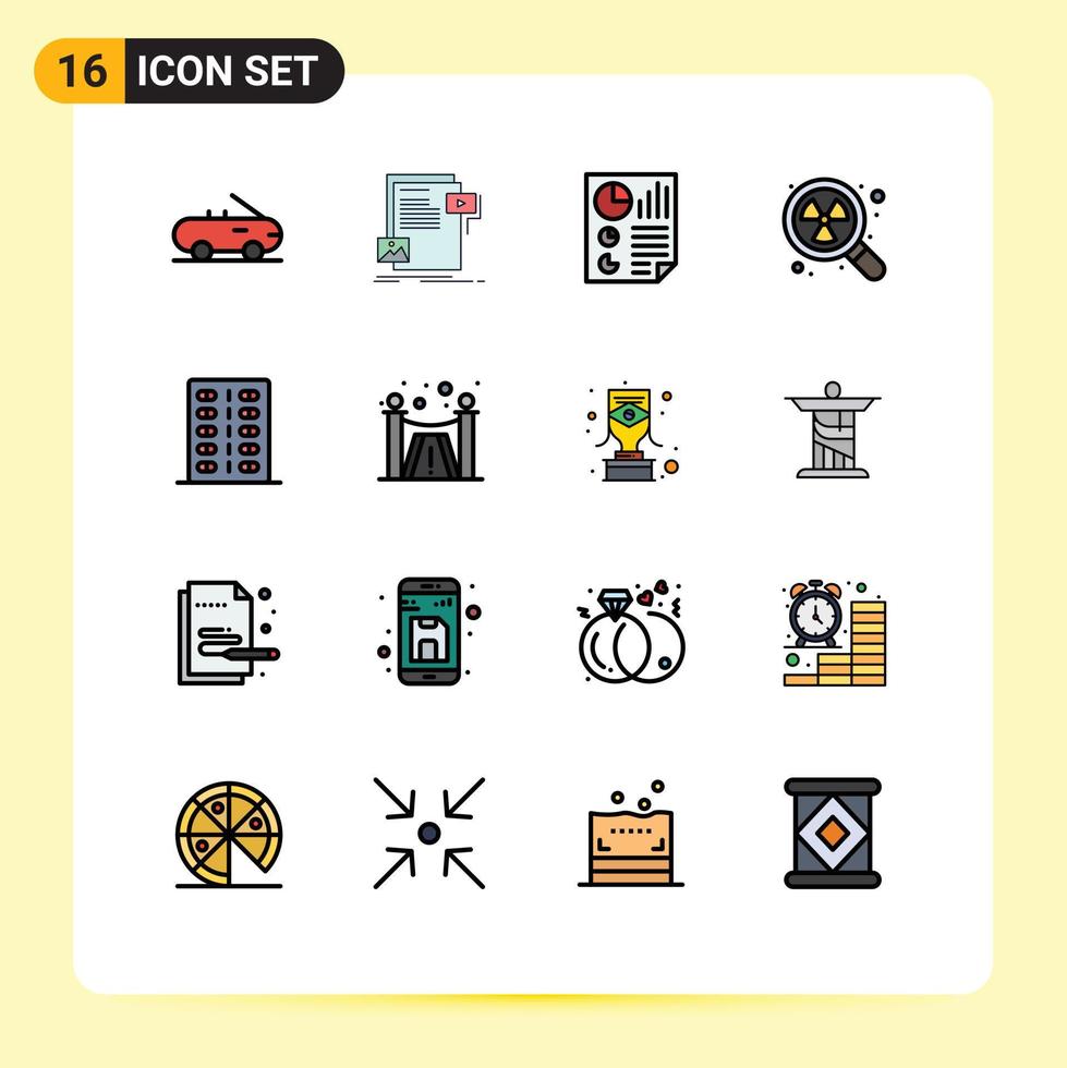 16 Thematic Vector Flat Color Filled Lines and Editable Symbols of drugs search data waste nuclear Editable Creative Vector Design Elements