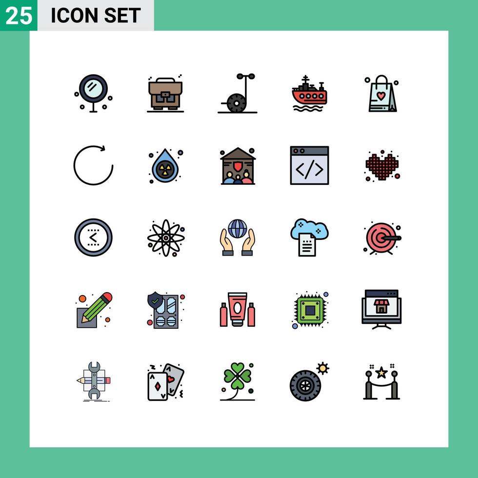 Set of 25 Vector Filled line Flat Colors on Grid for clockwise love scooter bag transport Editable Vector Design Elements
