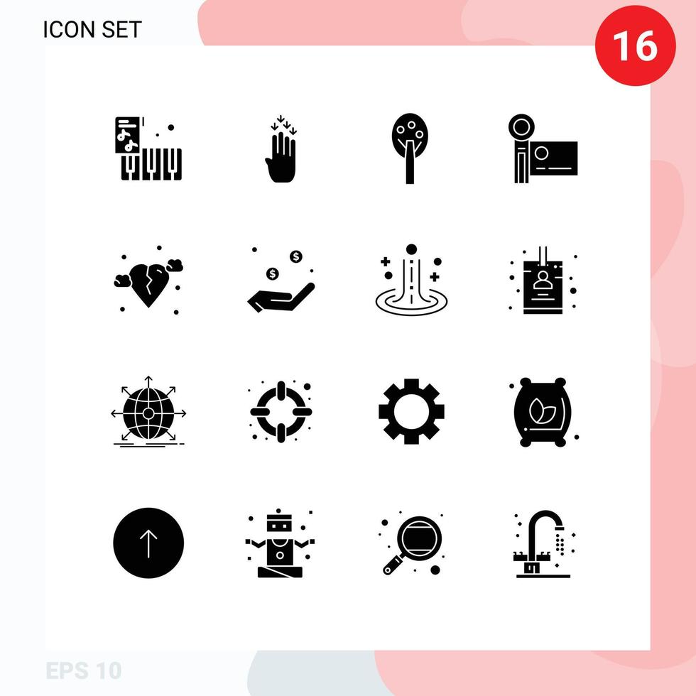 Modern Set of 16 Solid Glyphs and symbols such as heart break summer video camera handycam Editable Vector Design Elements