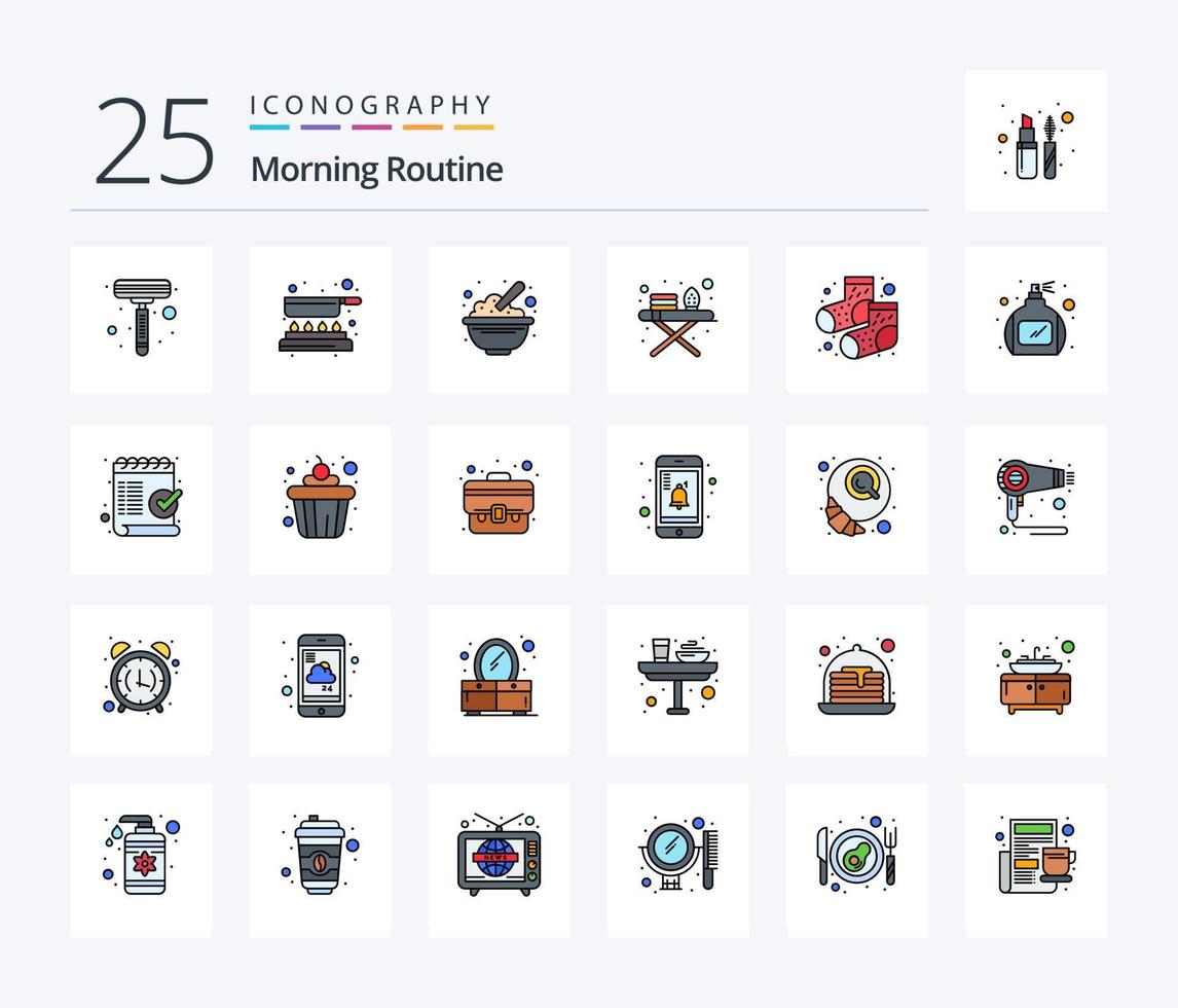 Morning Routine 25 Line Filled icon pack including socks. dots. cereals. ironing tools. ironing board vector